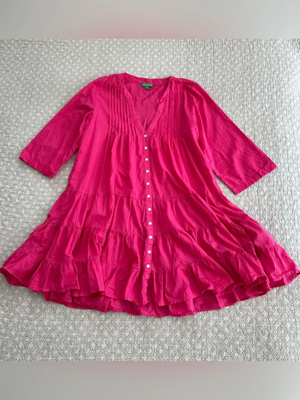 J. CREW Bright Pink Button Front Tiered Mini Dress Airy Cover-up Summer Size M